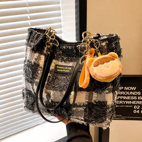 Γυναικεία Μάλλινη Τσάντα Tote Tweed Μεγάλης Χωρητικότητας Σχέδιο Πλέγματος Ξεφτισμένες Άκρες Τσάντα Ώμου Με Λούτρινο Κρεμαστό