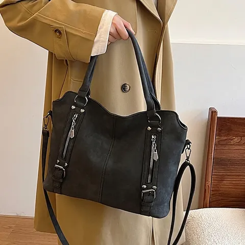 Borsa Tote da Donna Retro in Pelle PU Smerigliata Grande Capacità Vintage Borsa a Tracolla Versatile Pendolare per Uso Quotidiano