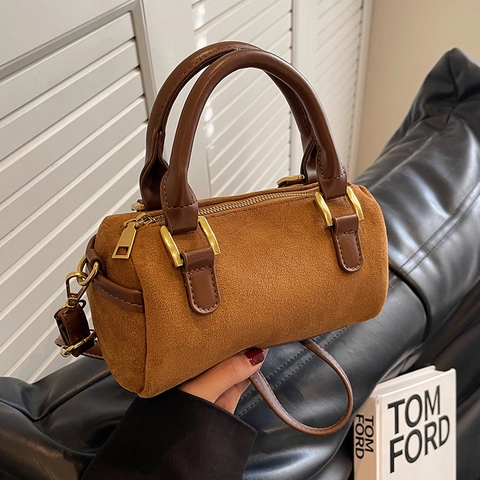 Vintage Mattes PU-Leder Boston-Tasche Für Damen Retro Kleine Zylindertasche Barrel Umhängetasche Mit Verstellbarem Riemen