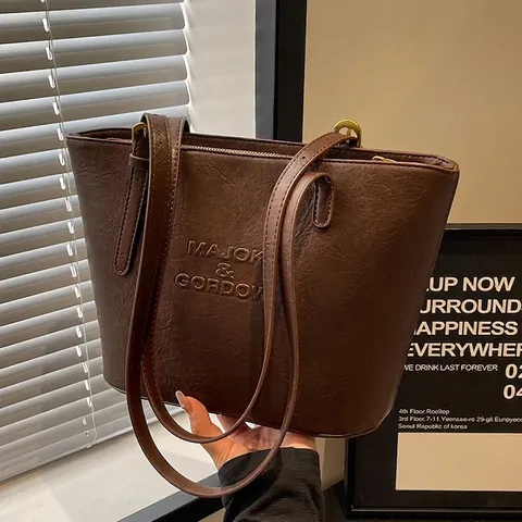 Women Vintage PU Leather Tote Bag Large Capacity Commuter Shoulder Bag Maillard Style Solid Color Minimalist Handbag