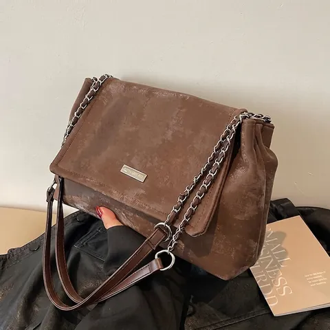 Sac à Épaule en Cuir PU Givré Vintage pour Femmes Grande Capacité Sac à Main de Trajet Avec Bandoulière Chaîne Rabat Tote Décontracté