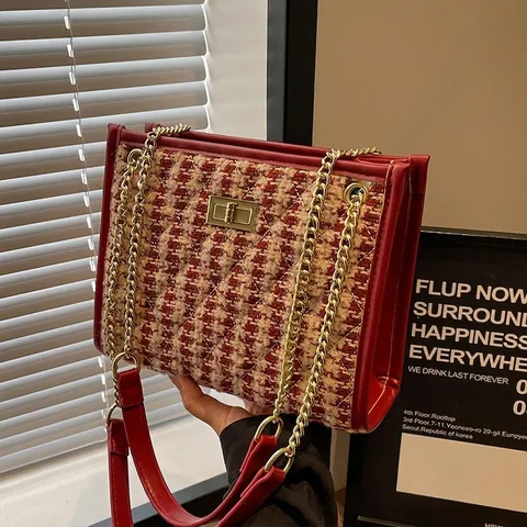 Borsa a Tracolla Vintage da Donna in Tweed Pied de Poule Con Catena Trapuntata in Pelle PU Chiusura Girevole Piccola Borsa