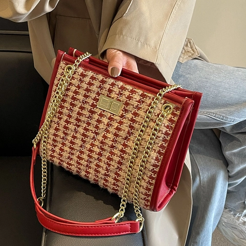 Borsa a Tracolla Vintage da Donna in Tweed Pied de Poule Con Catena Trapuntata in Pelle PU Chiusura Girevole Piccola Borsa