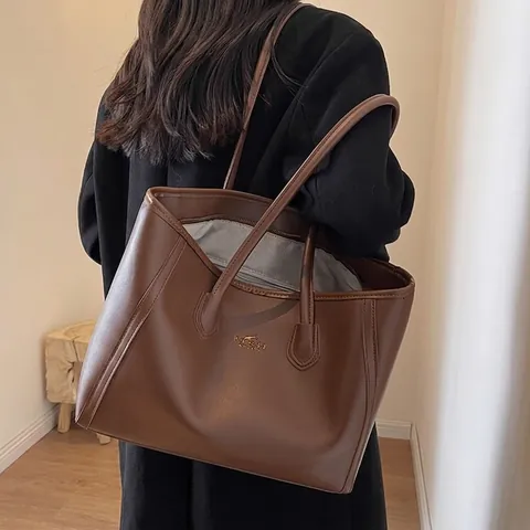 Women Large Capacity PU Leather Tote Bag Fashion Commuter Shoulder Bag minimalist Maillard Style Solid Color Handbag