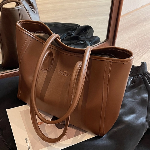 Women Large Capacity PU Leather Tote Bag Fashion Commuter Shoulder Bag minimalist Maillard Style Solid Color Handbag