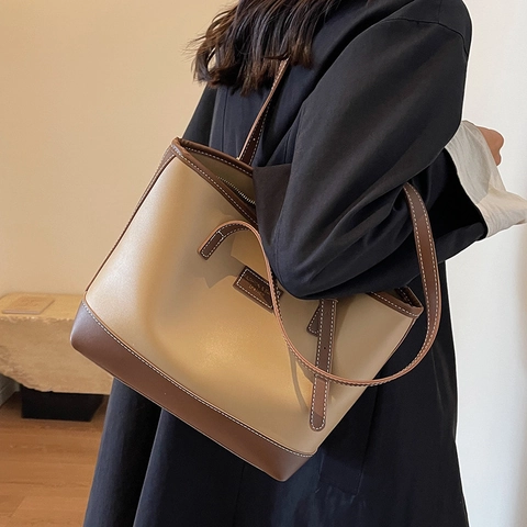 Sac Fourre-Tout en Cuir PU Vintage Grande Capacité pour Femmes Sac à Épaule Rétro avec Surpiqûres Contrastées École Quotidien