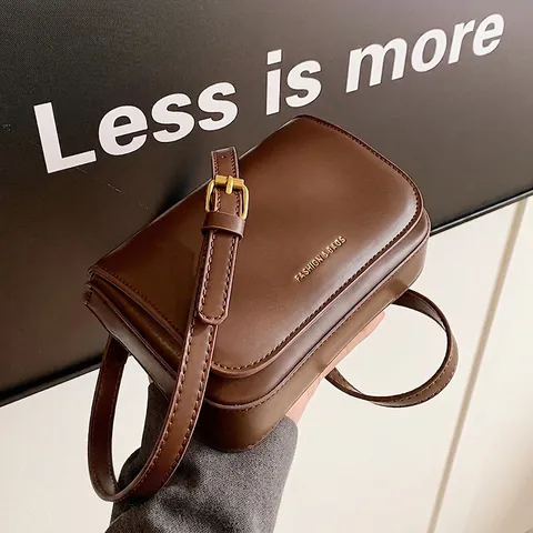 Women Vintage PU Leather Square Crossbody Bag Solid Color Shoulder Bag With Gold Lettering And Adjustable Strap