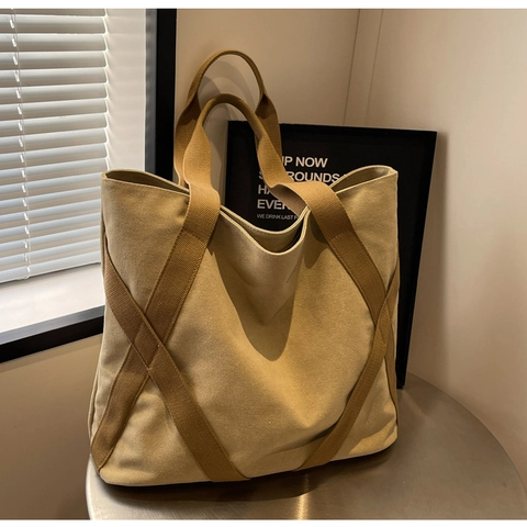 Borsa Tote in Tela di Grande Capacità Donna Casual Retro Borsa a Spalla Pendolare Design con Cinghie a Croce X Pratica Borsa da Viaggio