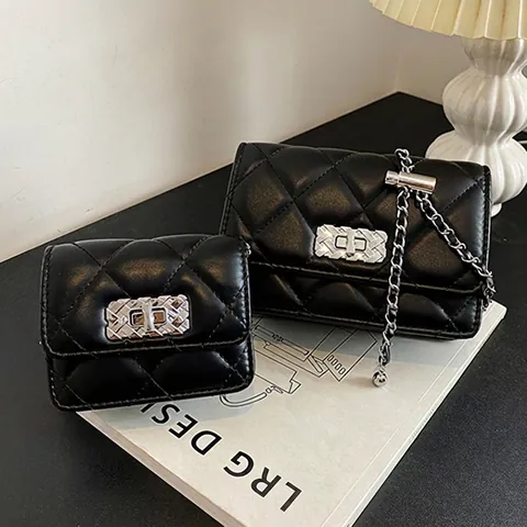 Borsa a Tracolla da Donna con Trapuntatura a Rombi in Pelle PU Catena di Moda Borsa a Spalla Piccola Borsa Quadrata Con Chiusura in Metallo