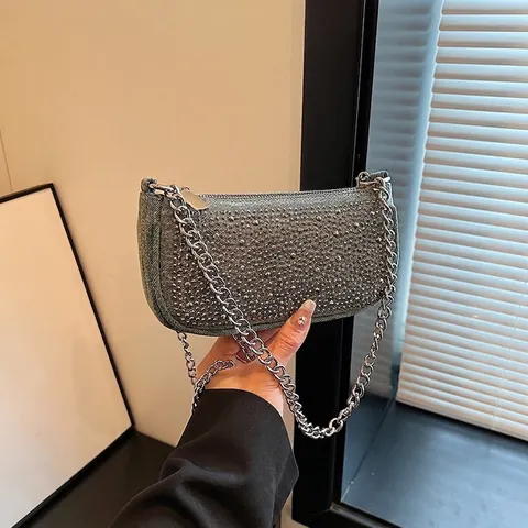 Vintage Denim Rivet Rhinestone Underarm Bag For Women Fashion Chain Shoulder Crossbody Small Square Bag Streetwear Handbag