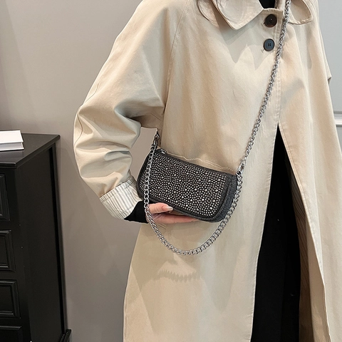 Vintage Denim Rivet Rhinestone Underarm Bag For Women Fashion Chain Shoulder Crossbody Small Square Bag Streetwear Handbag