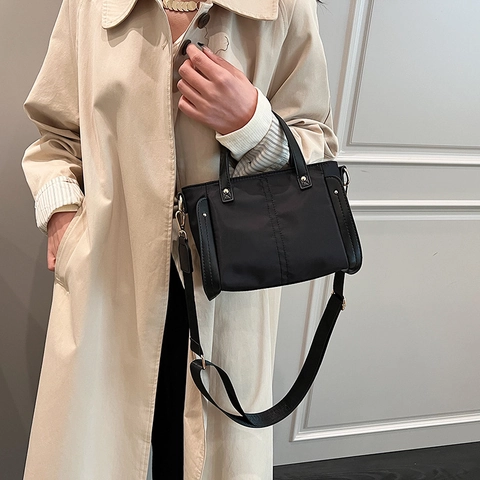 Bolso Tote de Nailon para Mujer Urbano Simple Bolso Bandolera Con Correa Ancha Ajustable Color de Contraste Bolso Diario
