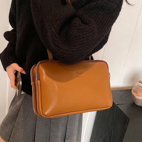Bolso de Hombro Cuadrado Pequeño de Cuero PU Vintage Para Mujer Con Doble Cremallera Bolso de Mano de Gran Capacidad Bolso Cuadrado Minimalista