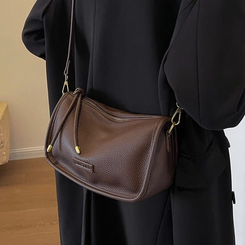 Damen Retro Boston Tasche Große Kapazität Litschi Maserung PU Leder Umhängetasche Mit Goldbeschlägen Damen Kissen Tasche
