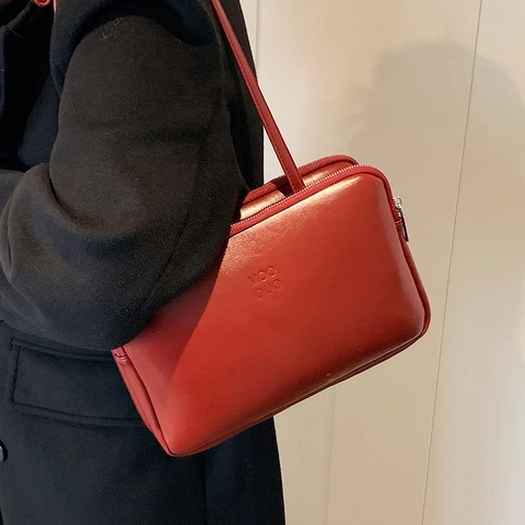 Bolso de Hombro Cuadrado Pequeño de Cuero PU Vintage Para Mujer Con Doble Cremallera Bolso de Mano de Gran Capacidad Bolso Cuadrado Minimalista