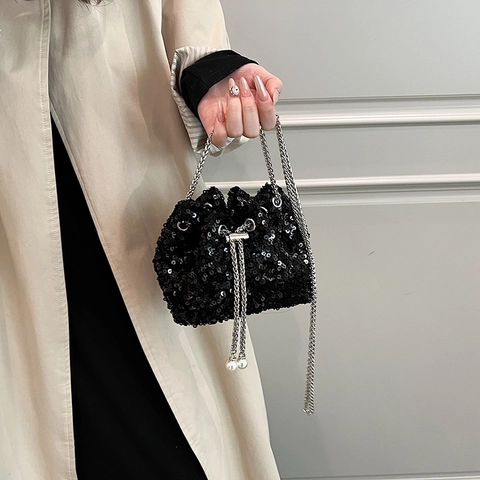 Women Fashion Sequin Bucket Bag With Metal Chain Strap Artificial Pearl Drawstring Crossbody Bag Shiny Sequin Small Shoulder Bag For Party Daily