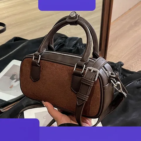 Vintage Splicing PU Leather Suede Boston Handbag For Women Retro Shoulder Crossbody Bag With Silver Hardware Square Purse