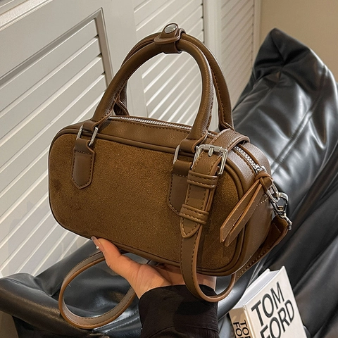 Vintage Splicing PU Leather Suede Boston Handbag For Women Retro Shoulder Crossbody Bag With Silver Hardware Square Purse