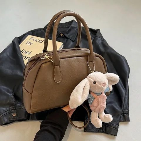 Borsa a Mano Boston da Donna Vintage Grande Capacità in Pelle PU Tracolla Con Ciondolo Coniglio Retrò Borsa a Bauletto