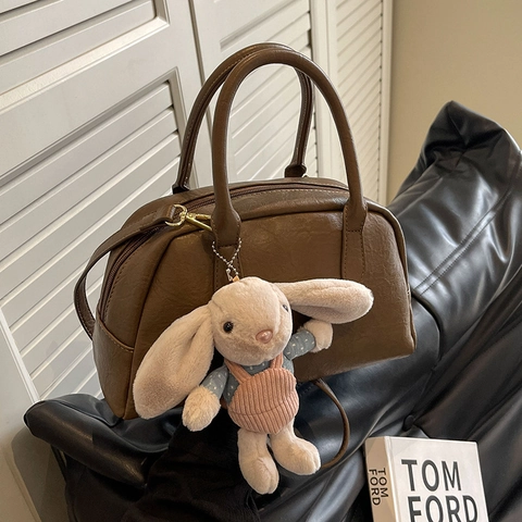 Borsa a Mano Boston da Donna Vintage Grande Capacità in Pelle PU Tracolla Con Ciondolo Coniglio Retrò Borsa a Bauletto