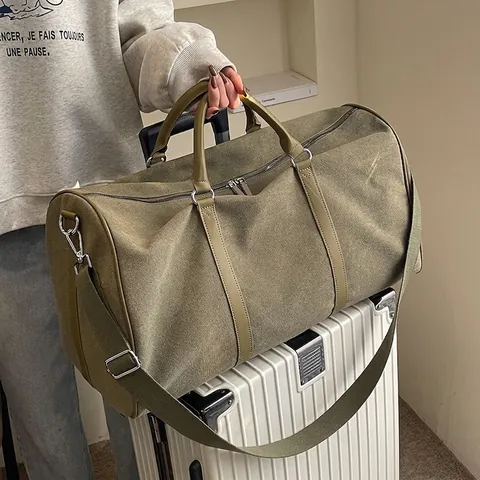 Large Capacity Canvas Travel Duffel Bag With Leather Handles Adjustable Shoulder Strap For Business Trip Gym Weekend Sports Luggage Bag