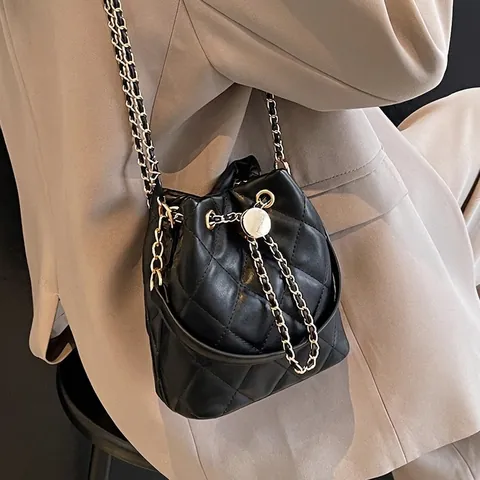 Borsa a Secchiello Trapuntata da Donna Pelle PU Catena d'Oro Borsa a Tracolla Con Coulisse Piccola Borsa a Mano Alla Moda Regalo
