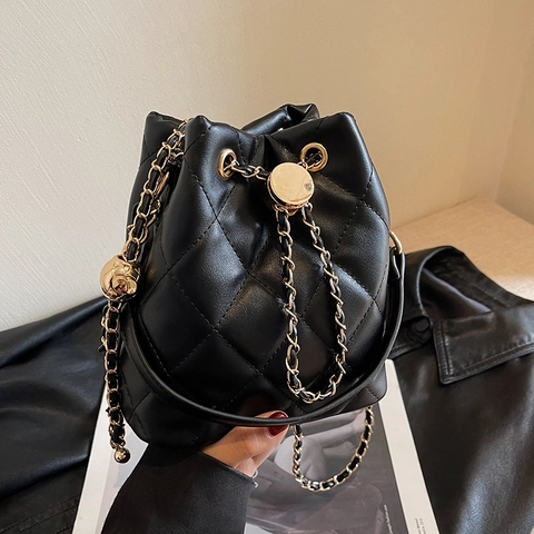 Borsa a Secchiello Trapuntata da Donna Pelle PU Catena d'Oro Borsa a Tracolla Con Coulisse Piccola Borsa a Mano Alla Moda Regalo