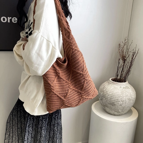 Women Knitted Tote Bag Large Capacity Diamond Lattice Cable Knit Shoulder Bag Vintage Casual Shopper Commuter Bag