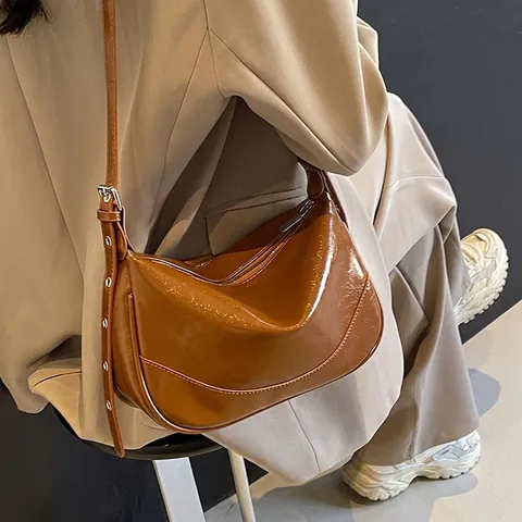 Borsa Hobo Vintage In Pelle PU Stropicciata Donna Lucida Tracolla Regolabile Borsa A Spalla Versatile