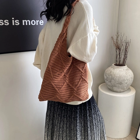Women Knitted Tote Bag Large Capacity Diamond Lattice Cable Knit Shoulder Bag Vintage Casual Shopper Commuter Bag