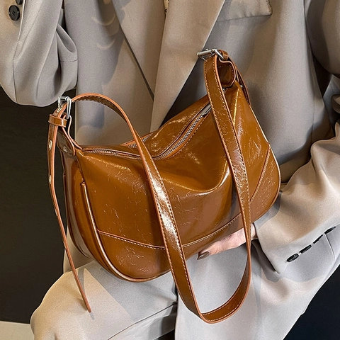 Borsa Hobo Vintage In Pelle PU Stropicciata Donna Lucida Tracolla Regolabile Borsa A Spalla Versatile