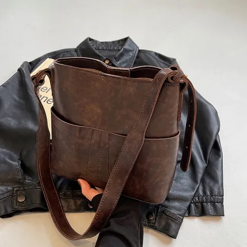 Bolso Bombonera de Cuero PU Vintage de Gran Capacidad para Mujer Bolso de Hombro Retro Color Sólido Con Bolsillo Delantero
