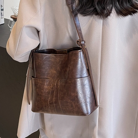 Bolso Bombonera de Cuero PU Vintage de Gran Capacidad para Mujer Bolso de Hombro Retro Color Sólido Con Bolsillo Delantero