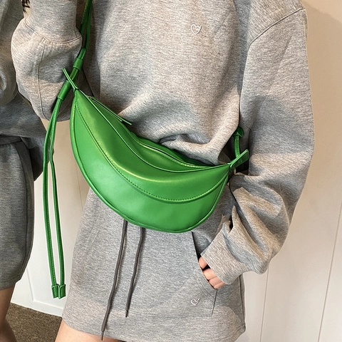Women Korean Style Crescent Half Moon Crossbody Bag PU Leather Solid Color Adjustable Strap Casual Small Shoulder Bag