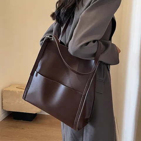 Maillard Style Μεγάλη Χωρητικότητα PU Δερμάτινη Τσάντα Tote Για Γυναίκες Vintage Μινιμαλιστική Τσάντα Ώμου Με Εξωτερική Τσέπη