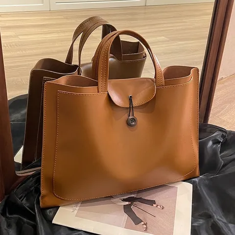 Maillard Style PU Leather Tote Bag Women Vintage Shoulder Handbag Minimalist Office Commute Travel Bag With Button Rope