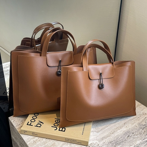 Maillard Style PU Leather Tote Bag Women Vintage Shoulder Handbag Minimalist Office Commute Travel Bag With Button Rope