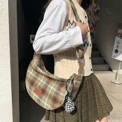 Sac Hobo Vintage en Laine à Carreaux pour Femmes Rétro Grande Capacité Sac à Épaule Croissant Automne Hiver