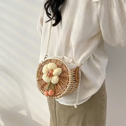 Borsa a Tracolla Rotonda Intrecciata in Paglia Fatta a Mano Con Tracolla in Künstliche Perle Decorazione Floreale Borsa da Spiaggia Estate Donna