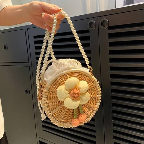 Borsa a Tracolla Rotonda Intrecciata in Paglia Fatta a Mano Con Tracolla in Künstliche Perle Decorazione Floreale Borsa da Spiaggia Estate Donna