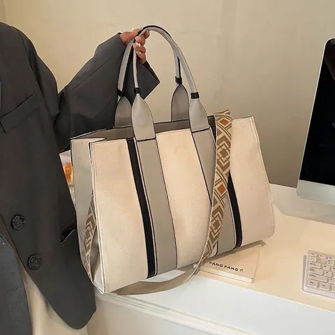 Borsa Tote da Donna Grande Capacità Tela PU Pelle Borsa a Spalla Con Tracolla Larga Geometrica Borsa da Pendolare