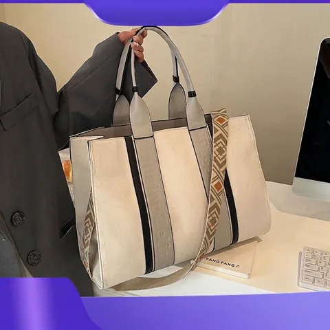 Women Large Capacity Tote Bag Canvas PU Leather Patchwork Shoulder Bag With Geometric Wide Strap Commuter Handbag