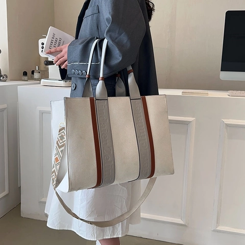 Women Large Capacity Tote Bag Canvas PU Leather Patchwork Shoulder Bag With Geometric Wide Strap Commuter Handbag
