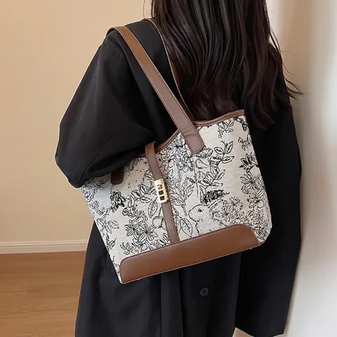 Grand Sac Cabas En Toile Et Cuir PU Vintage Imprimé Floral Sac À Main Avec Serrure Métallique Pour Bureau Femme Quotidien