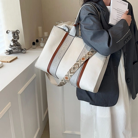 Bolso Tote de Mujer Gran Capacidad Lona PU Cuero Bolso de Hombro Con Correa Ancha Geométrica Bolso de Mano de Diario