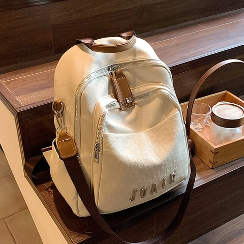 Damen Urban Minimalistisch PU Leder Rucksack Große Kapazität Mode Karo Textur Casual Reise Umhängetasche Doppelreißverschluss