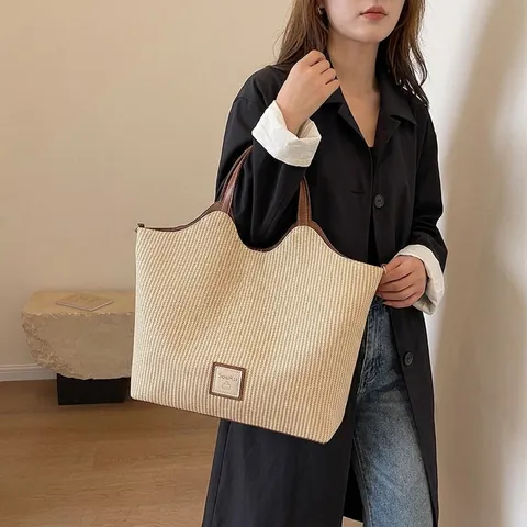 Bolso Tote de Paja Tejida para Mujer Gran Capacidad Bolso de Mano Con Asa de Cuero Bolso de Hombro Casual Vintage para Playa
