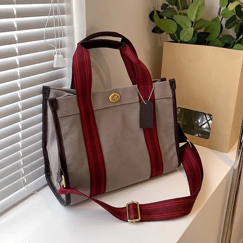 Fashion Canvas Tote Bag With Striped Ribbon Handle Metal Turn-lock Large Capacity Women Shoulder Crossbody Bag For Travel