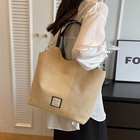 Bolso Tote de Paja Tejida para Mujer Gran Capacidad Bolso de Mano Con Asa de Cuero Bolso de Hombro Casual Vintage para Playa