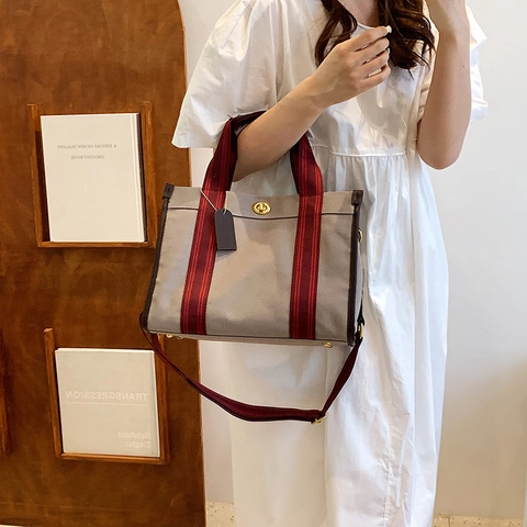 Fashion Canvas Tote Bag With Striped Ribbon Handle Metal Turn-lock Large Capacity Women Shoulder Crossbody Bag For Travel